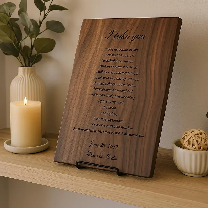 engraved wedding vows plaque on wood for 5th anniversary gift for him or her