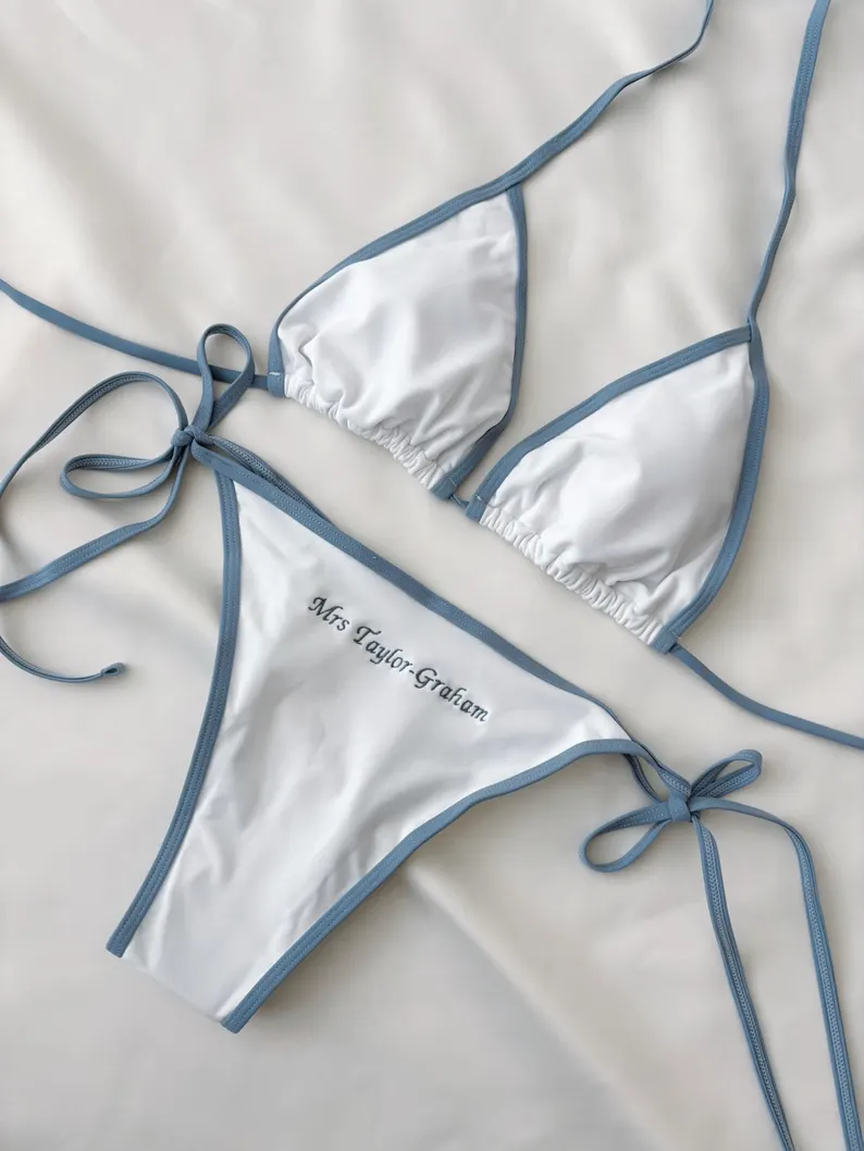 bride personalized two-piece last name swimsuit