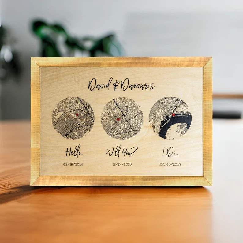 modern map memory print on wood for anniversary gift