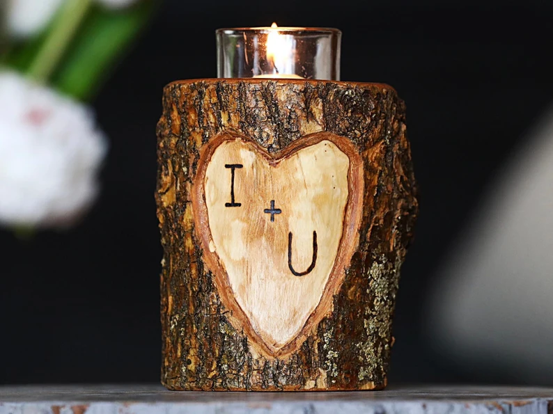 carved initials wood candle holder