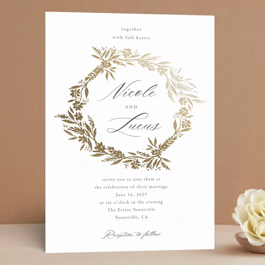 wreath foil pressed wedding invitations