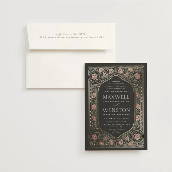 Modern same-sex wedding invitation wording showing name order options