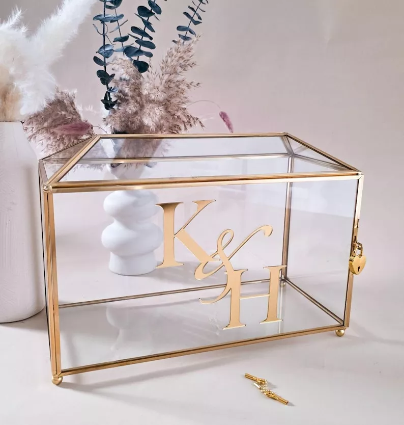 glass monogrammed wedding card box with heart shaped lock and key