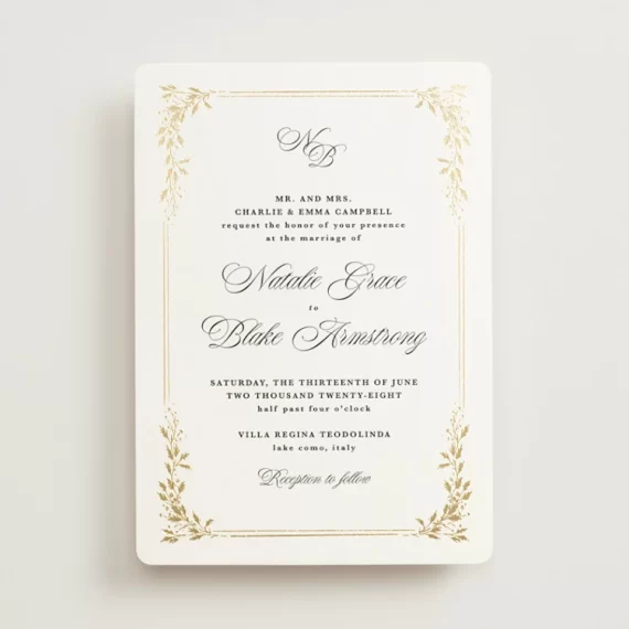 Example invitation showing whose name goes first on a wedding invitation