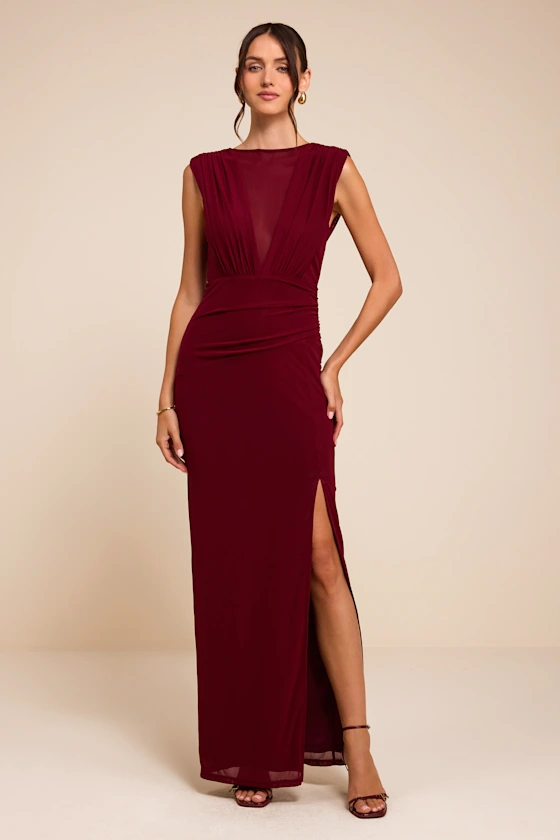 Berry plunge maxi fall wedding guest dress