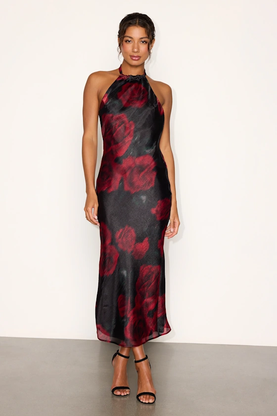 Black and red floral satin midi fall wedding guest dress