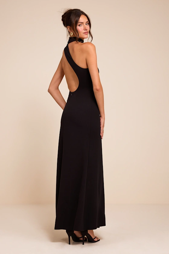 Black halter maxi fall wedding guest dress