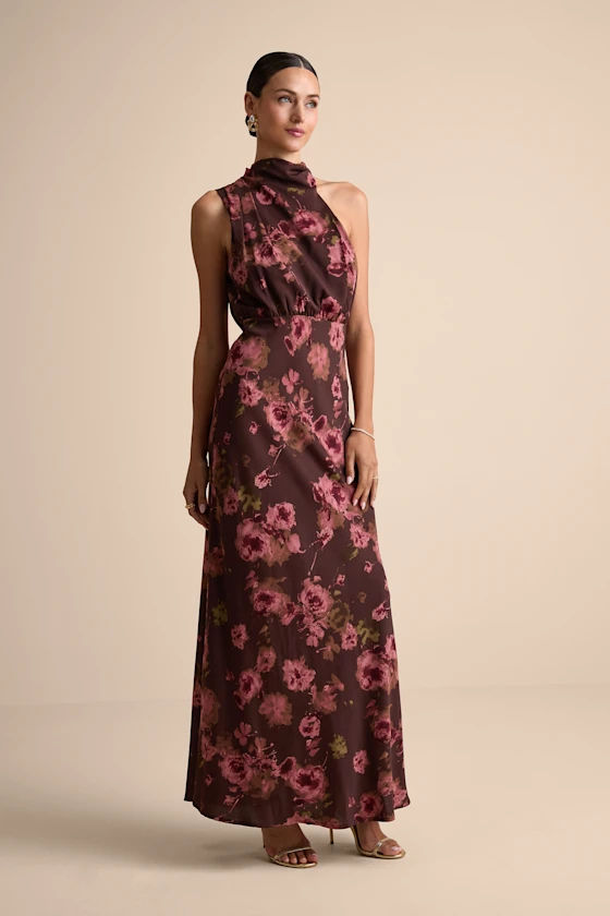 Brown floral satin maxi fall wedding guest dress