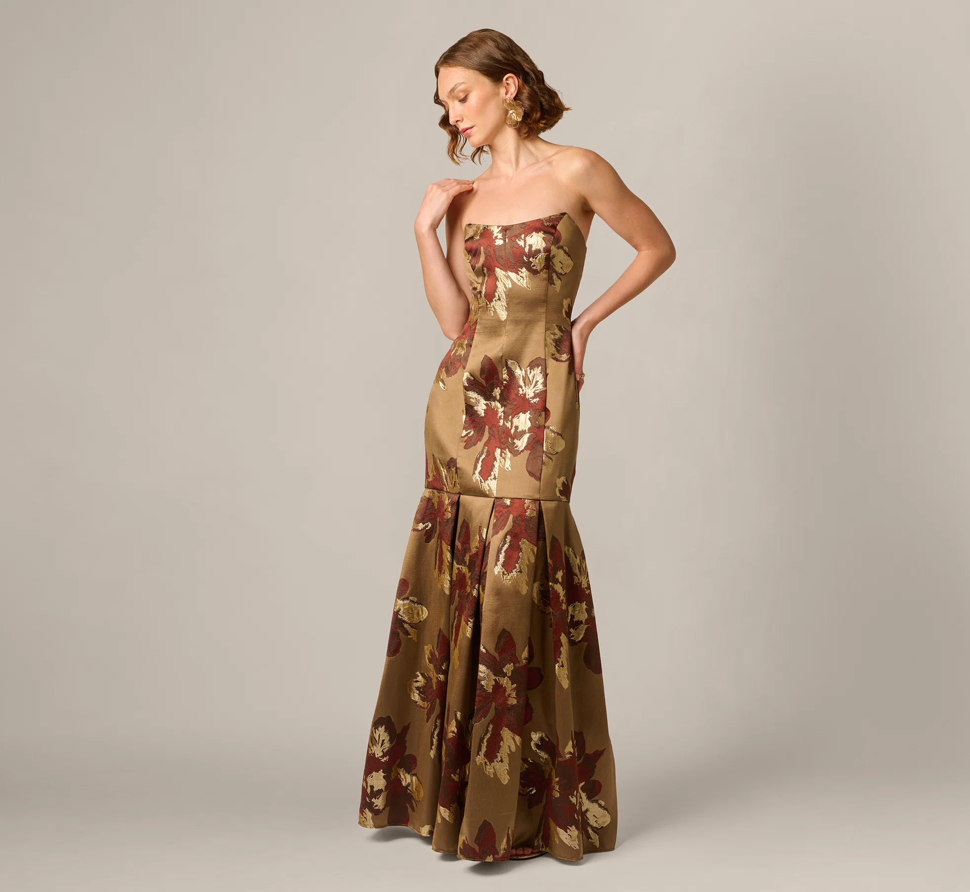 Brown floral brocade trumpet gown fall wedding guest dress