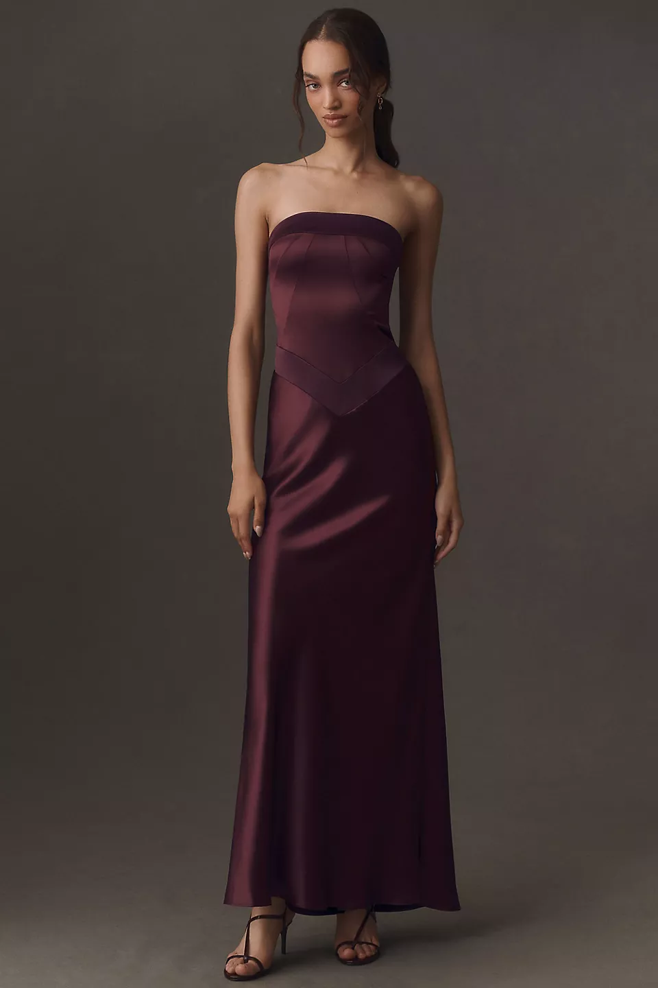Dark purple colorblock draped maxi fall wedding guest dress