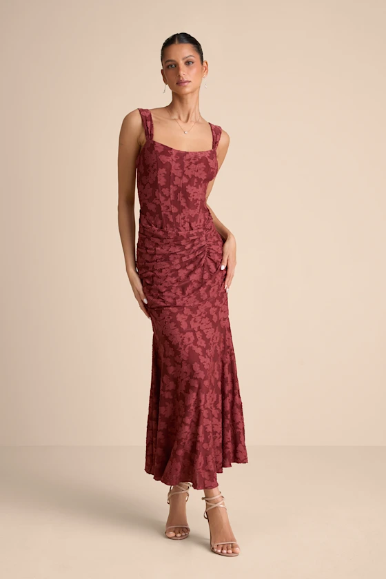Rust red burnout maxi fall wedding guest dress