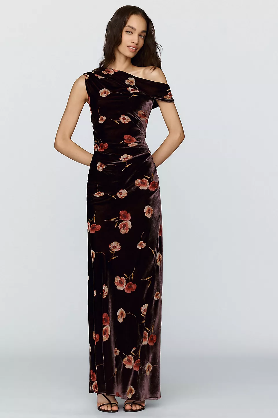 Burgundy floral velvet maxi fall wedding guest dress