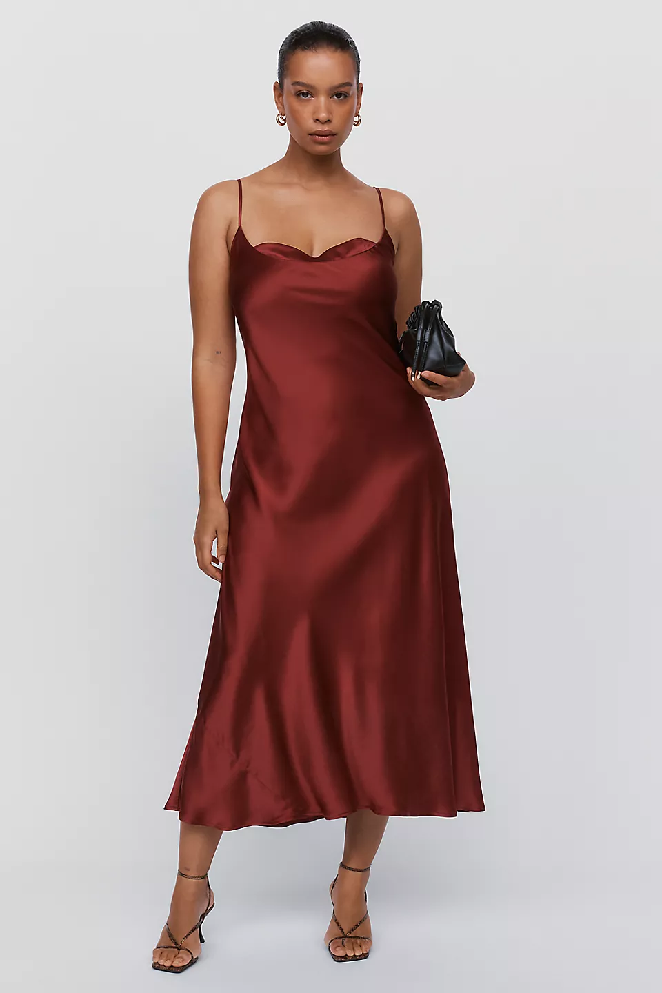 Dark berry silk midi fall wedding guest dress