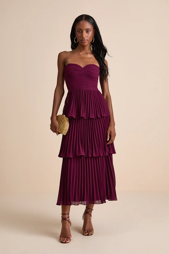 Plum pleated midi fall wedding guest dress