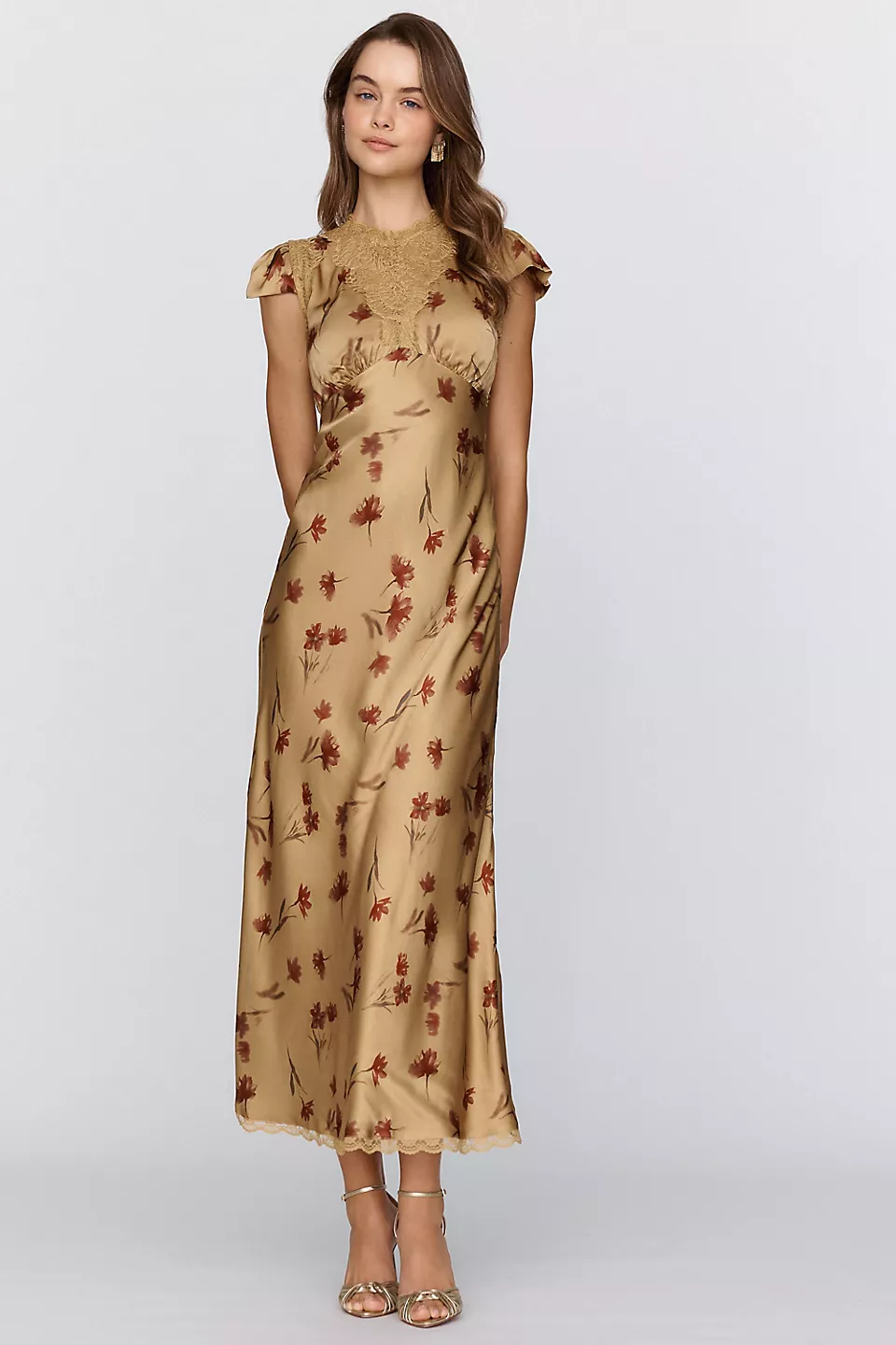 Brown satin lace maxi fall wedding guest dress