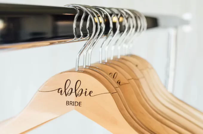 natural wood engraved bridal gown hanger