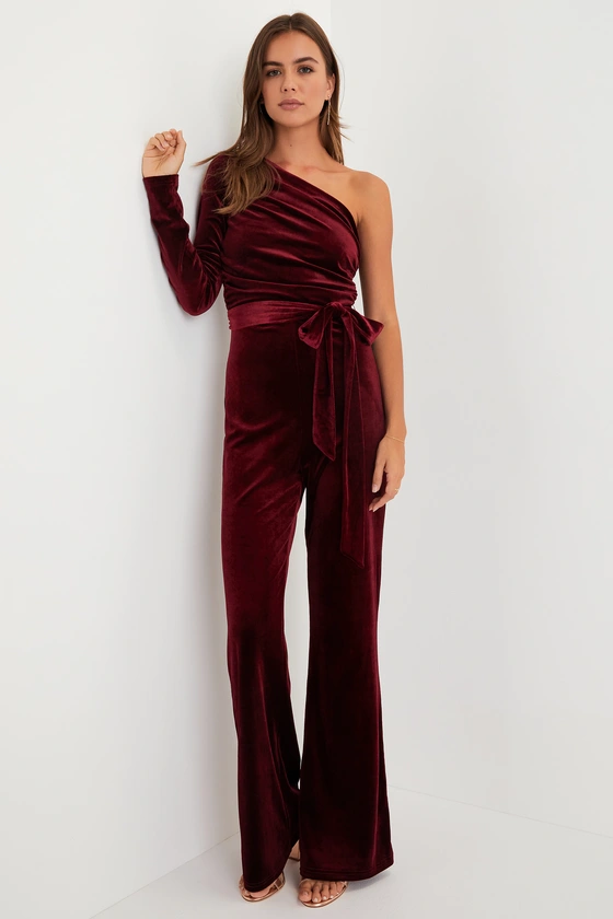 burgundy velvet one-shoulder jumpsuit