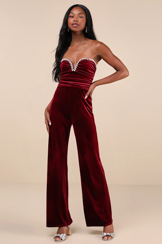 burgundy velvet strapless jumpsuit