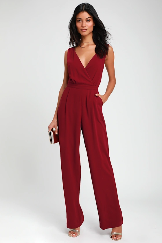 burgundy wide leg jumpsuit