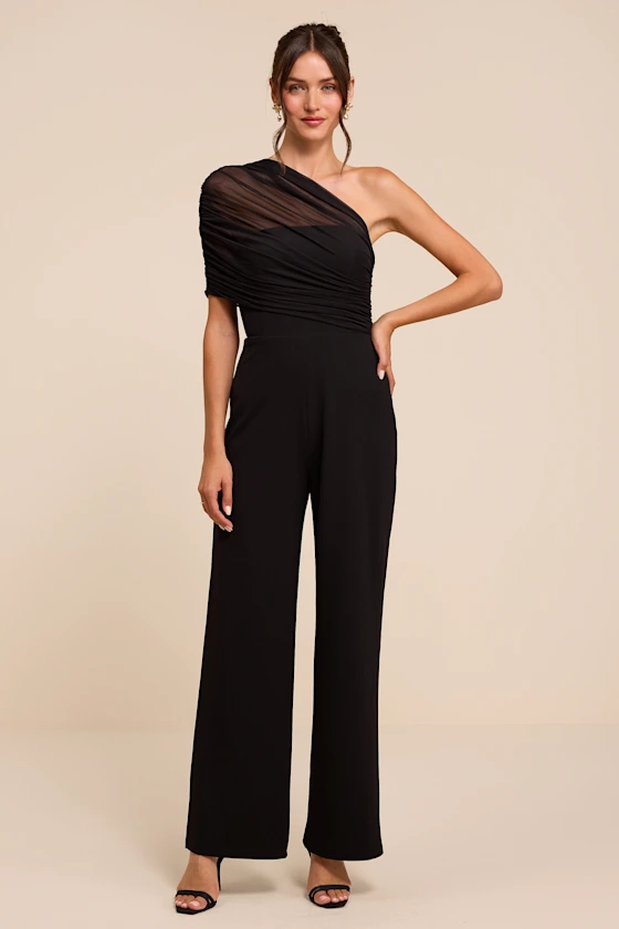 black mesh one-shoulder dressy jumpsuit
