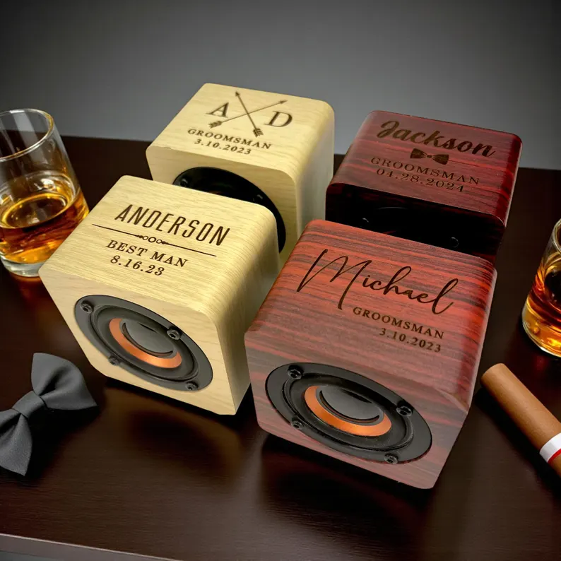 personalized bluetooth speaker made of wood for tech groomsmen gift