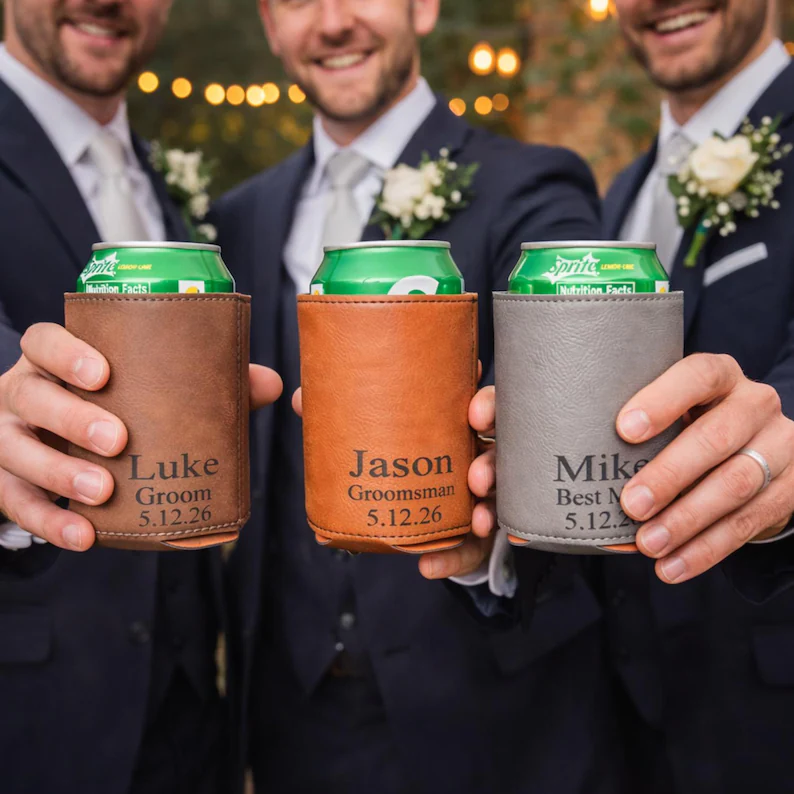 personalized leather groomsmen can cooler gift