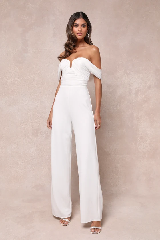 off the shoulder white wedding jumpsuit with open back
