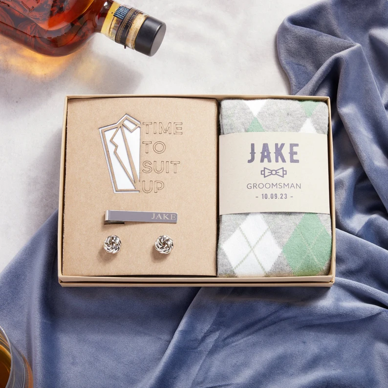 time to suit up socks cuff links groomsmen proposal gift box
