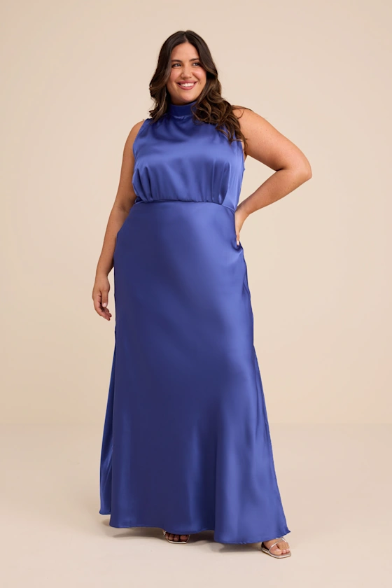 wedding guest dress that hides belly in satin blue with a mock neck that flatters and contours tummy area