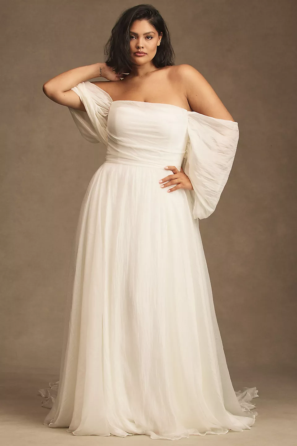 off-the-shoulder chiffon wedding dress that flatters belly area