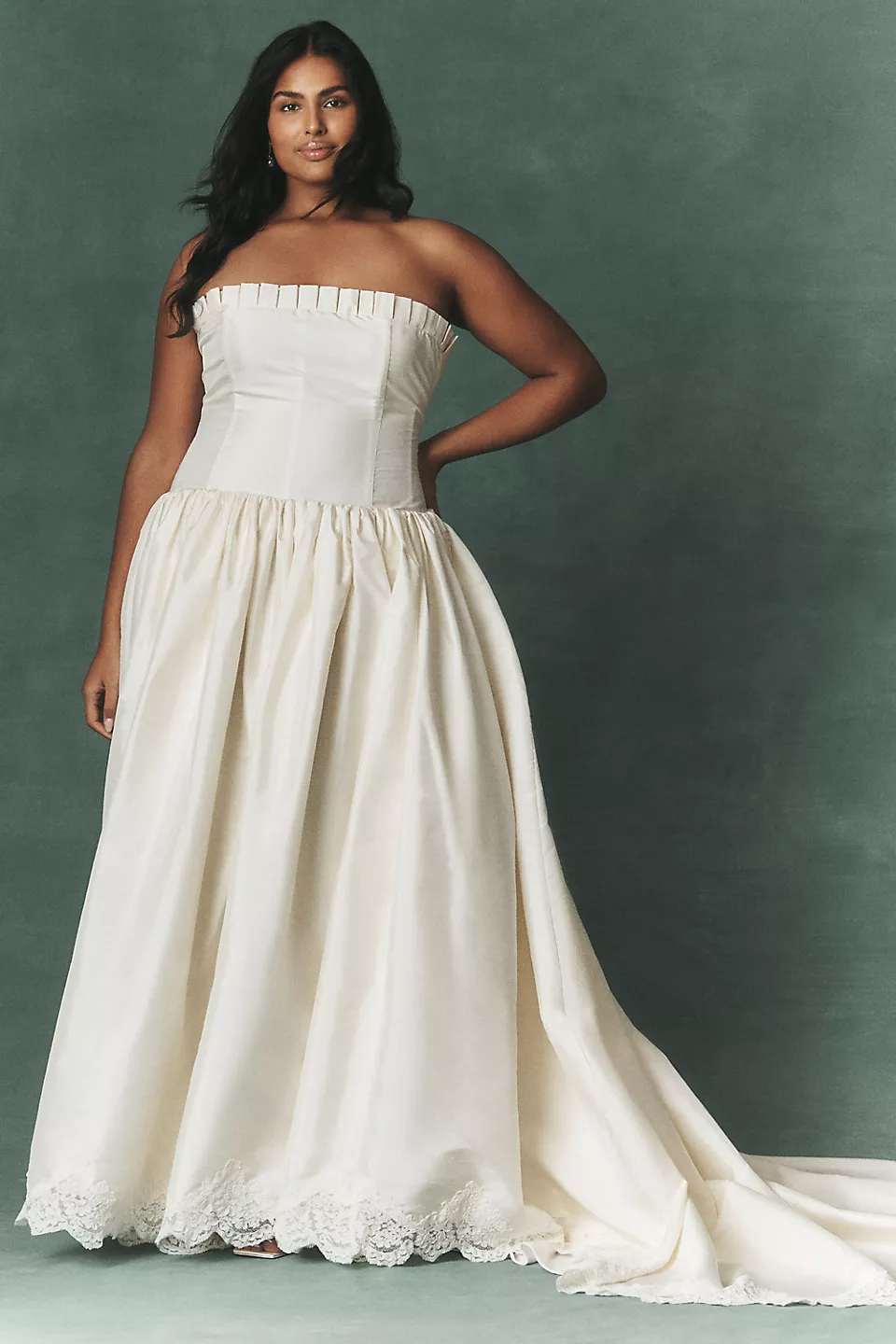 strapless silk wedding gown that flatters tummy area