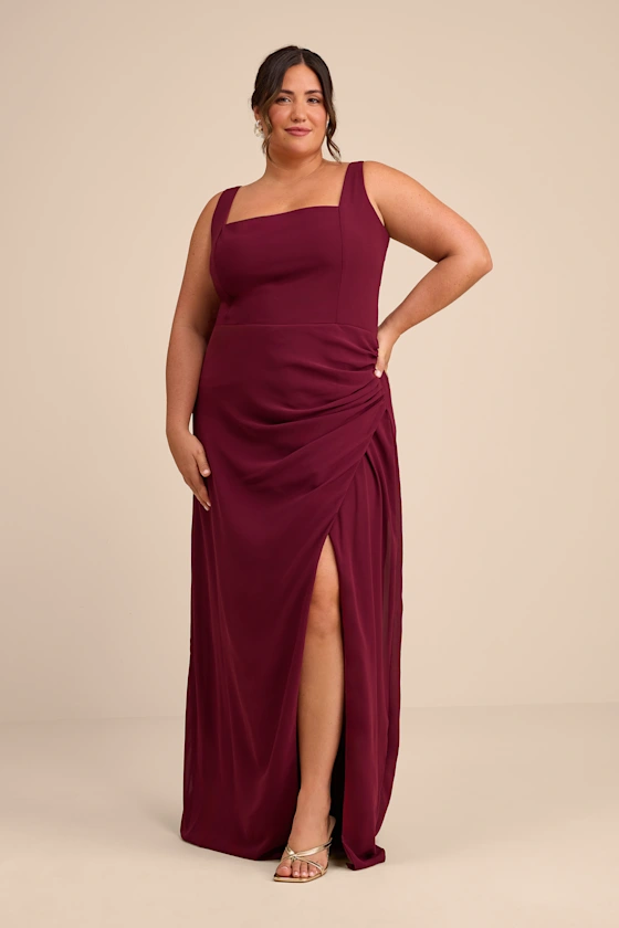 wedding guest dress that hides belly in burgundy with square neck and ruching for tummy area