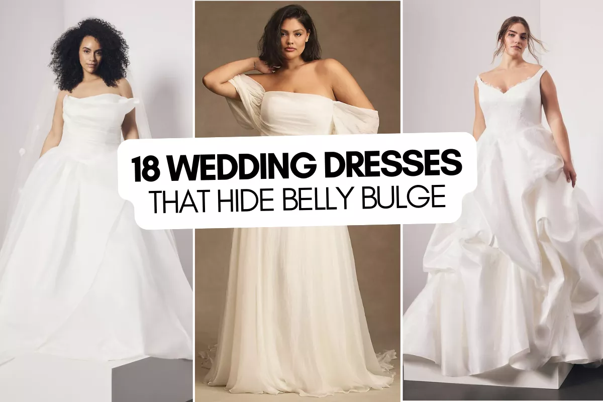 Flattering wedding dresses that hide belly bulge in a variety of bridal styles
