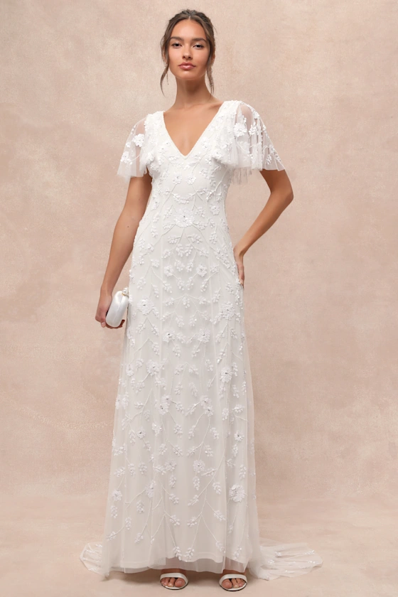 Boho lace wedding dress under $500 with shoulder trim