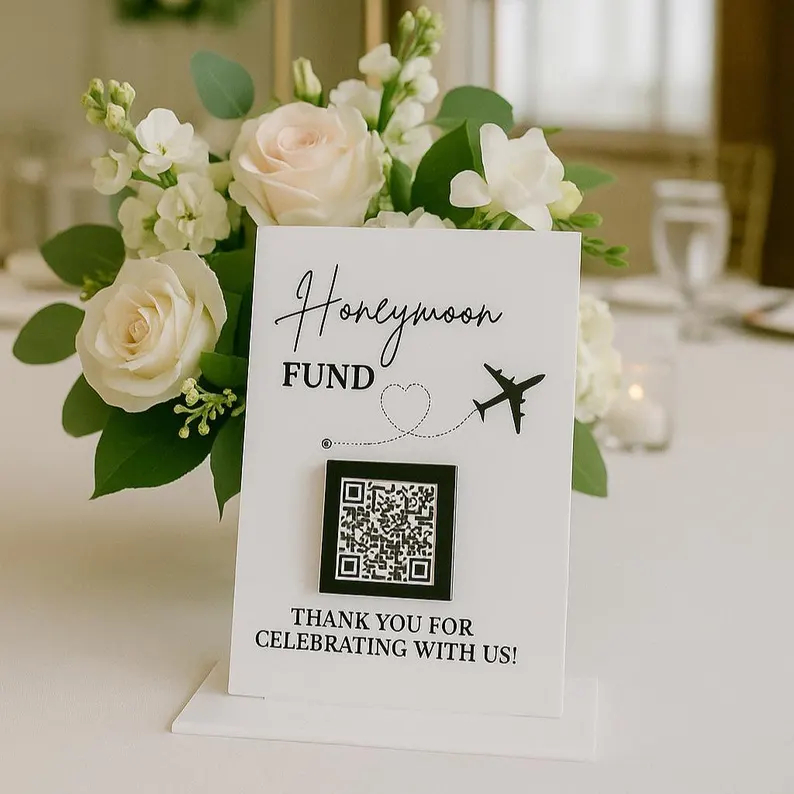 honeymoon fund sign to place at wedding and bridal shower with qr code