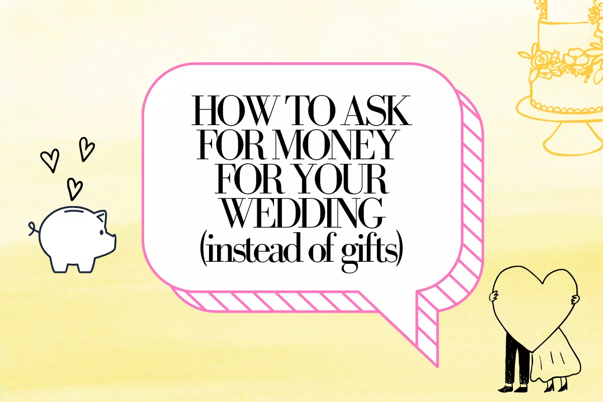 couple holding wedding envelope with cash gift, example of how to ask for money instead of gifts for wedding