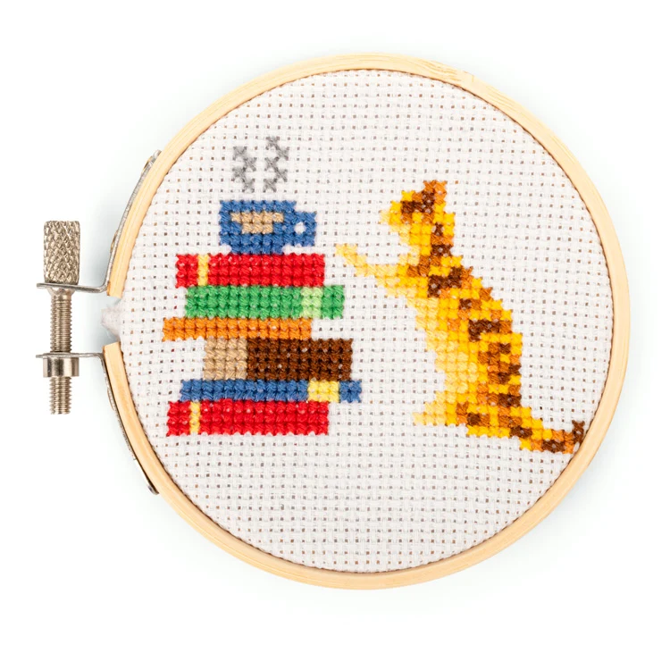 Cat and books cross stitch kit