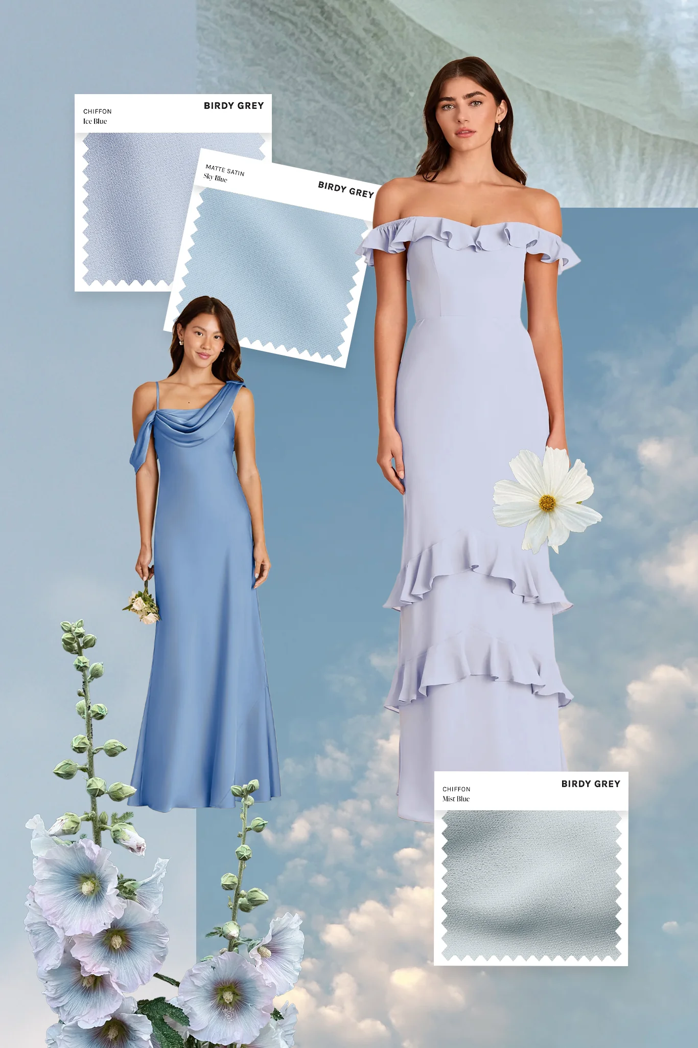 bridesmaid dress fabric and color palette mood board with chiffon satin and velvet swatches
