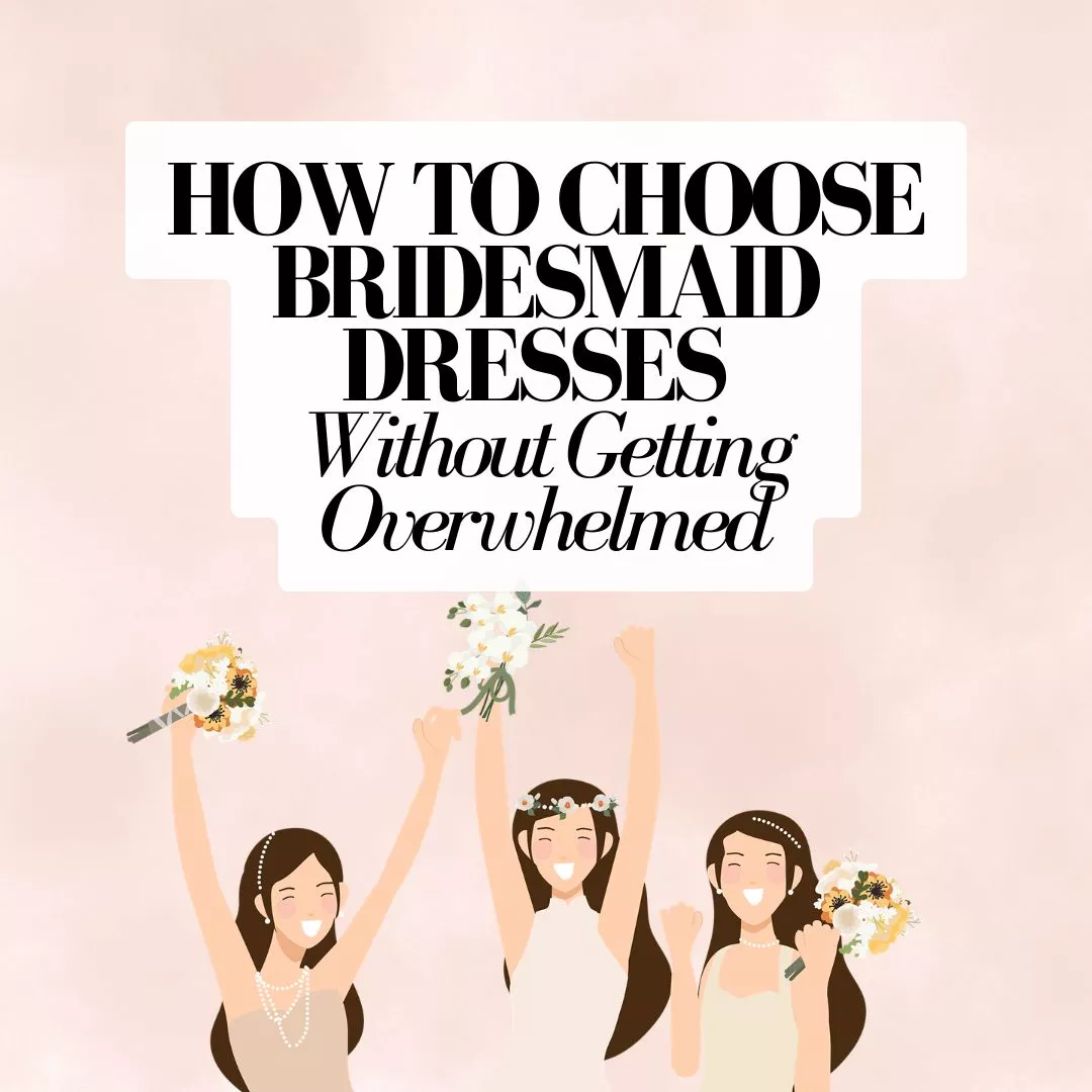 bride looking overwhelmed while scrolling bridesmaid dress options on laptop with color swatches and bridal mood board nearby