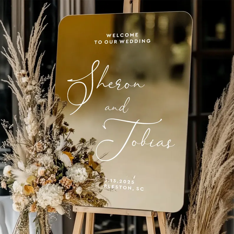 Elegant mirror acrylic wedding welcome sign personalized for ceremony entrance