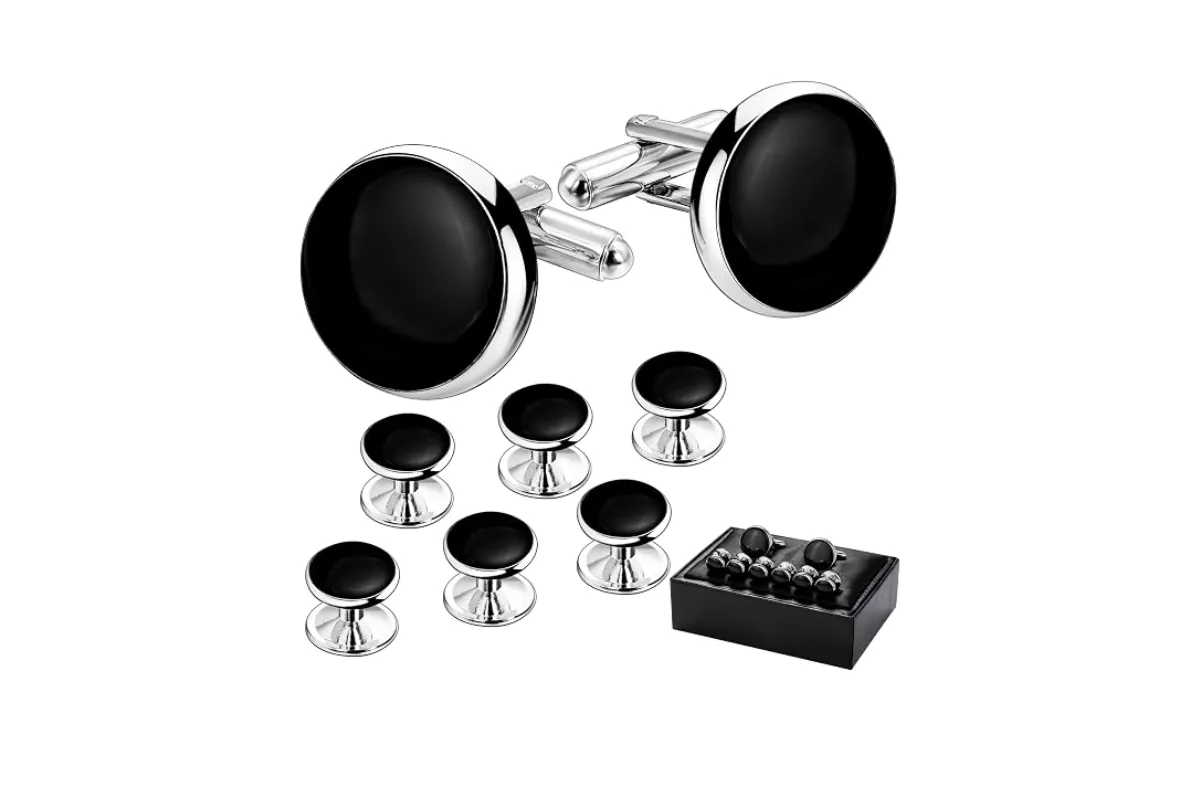 black cufflinks and tuxedo studs set for black tie wedding