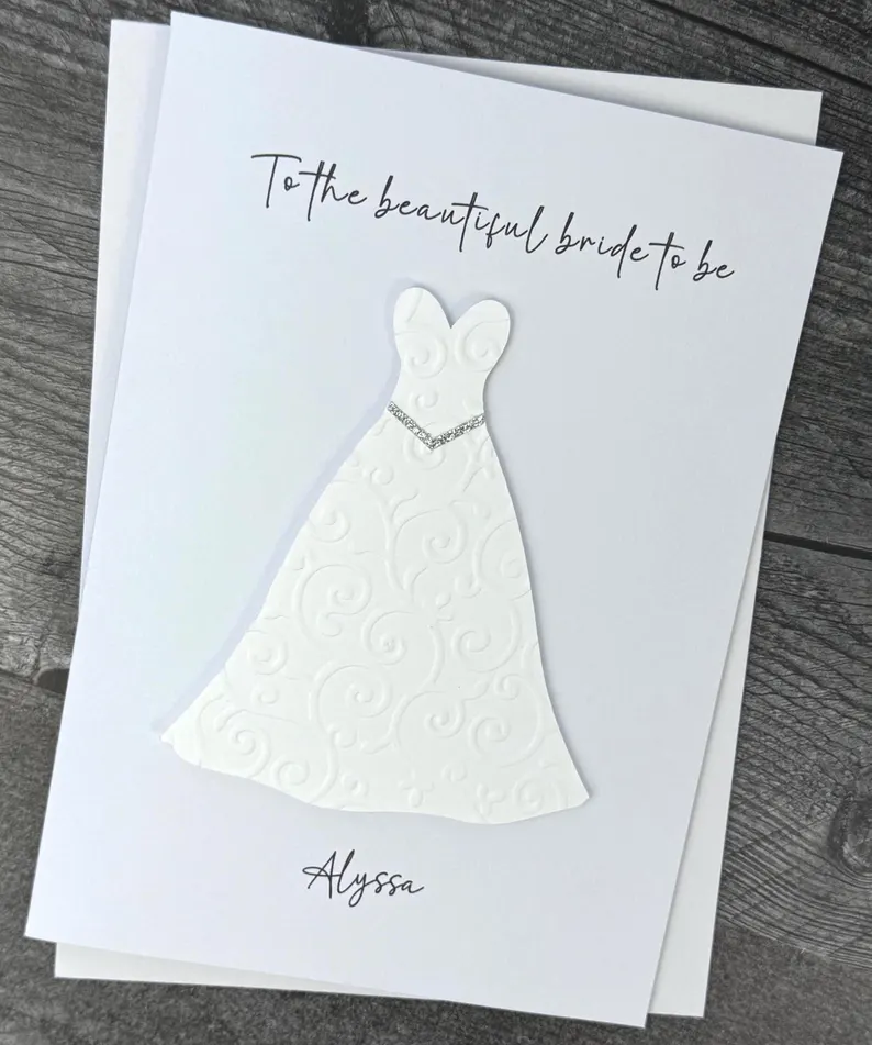 bridal shower card with wedding dress on the front - blank to write your message inside