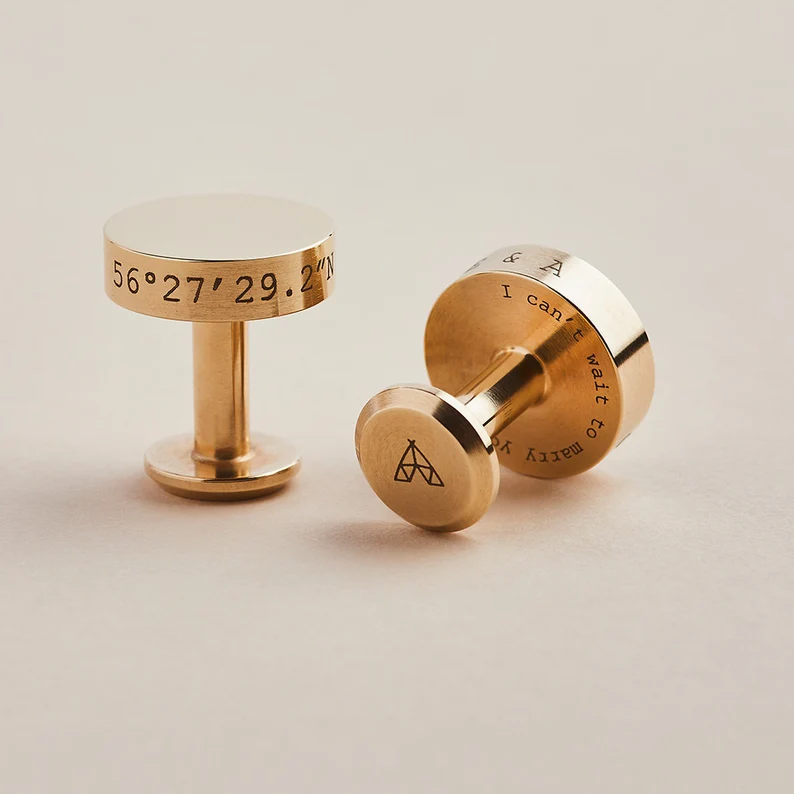 engraved coordinate cufflinks for groom featuring wedding location coordinates