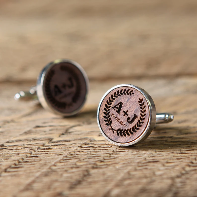 wood and metal cufflinks for groom wedding attire