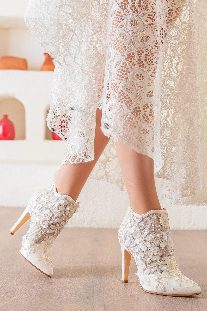 white lace bridal ankle boots for wedding