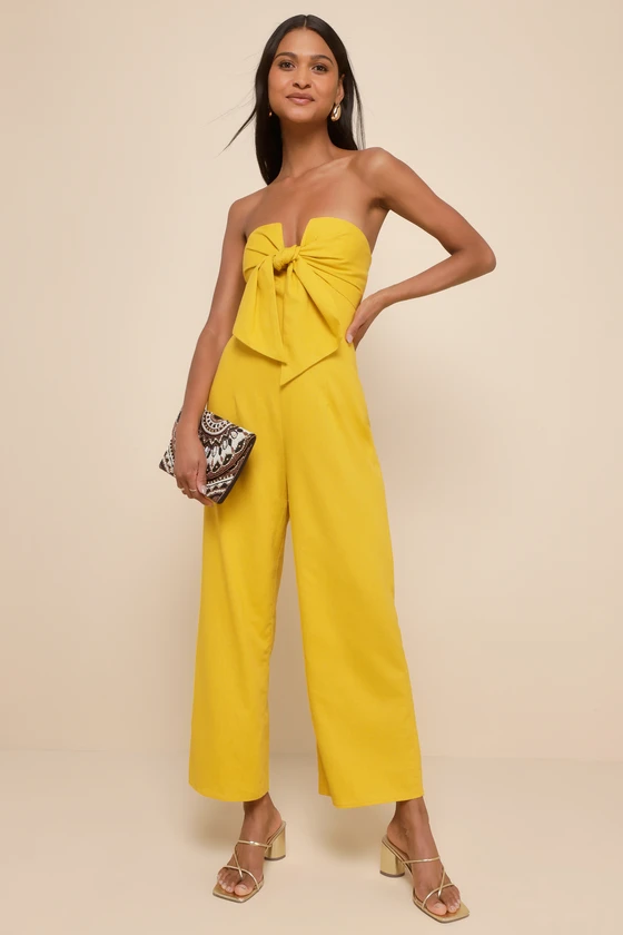 yellow jumpsuit for wedding guest outfits that are not dresses