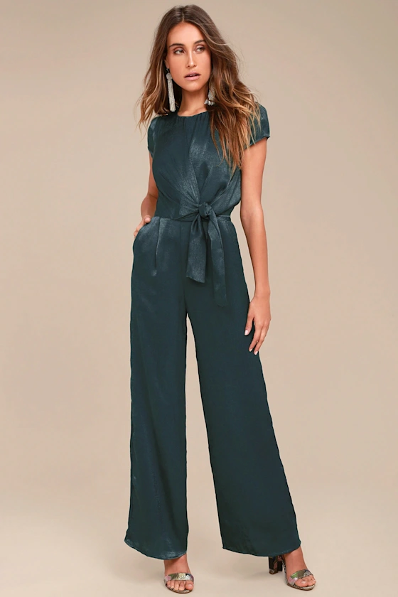 short sleeve wedding guest jumpsuit for fall and winter - cap sleeve emerald satin