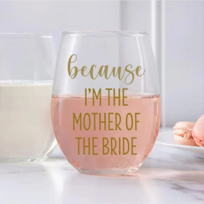 mother of the bride wine glass gift with a stemless style and personalization on the outside of the wine glass