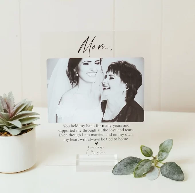 mother of the bride photo plaque art gift for the bride to give on the wedding day as a keepsake