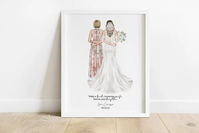 mother of the bride illustrated art print with customized features including skin color, hair color, and dress worn by the mother of the bride standing with the bride